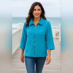 Susan Graver Blue Textured Zip Jacket XL Coastal Mock Neck 3/4 Sleeve Blazer